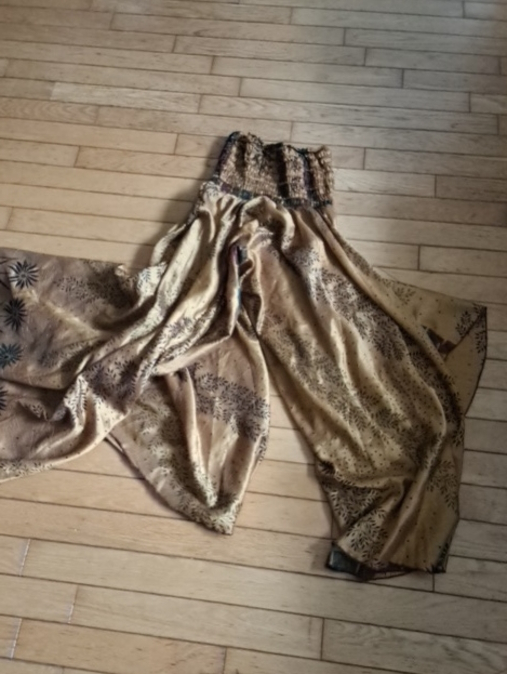 Source Unknown Tan Wide-Leg Smocked Waist Jumpsuit with Botanical Print